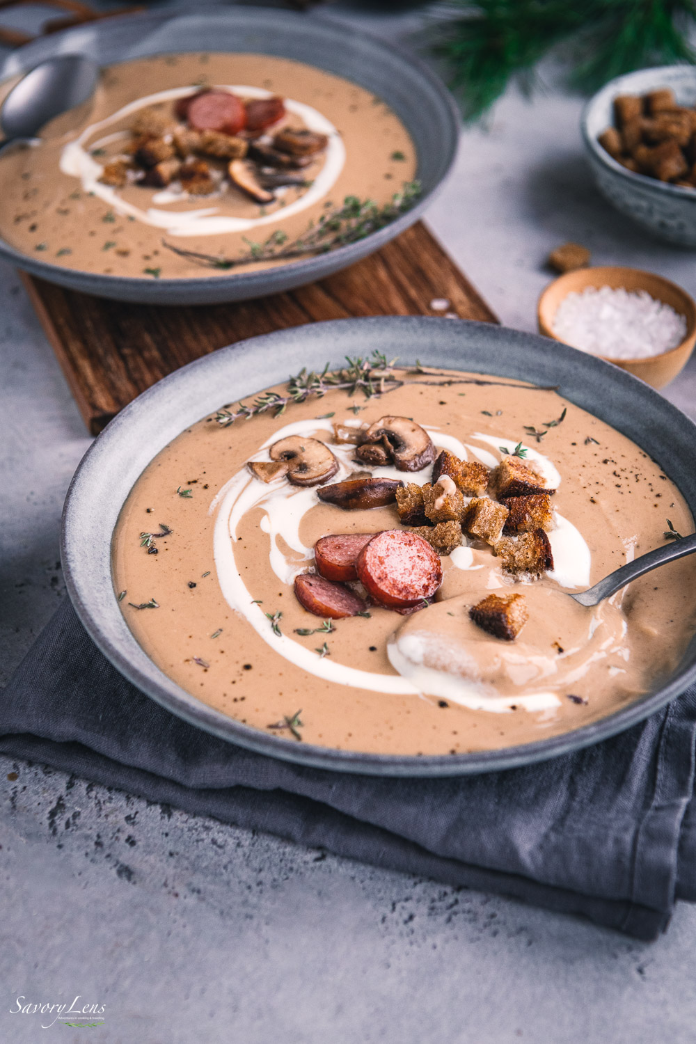 Winterliche Maronensuppe mit Chorizo und Champignons